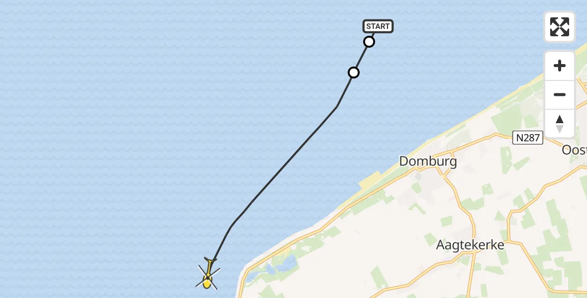 Routekaart van de vlucht: Kustwachthelikopter naar Vlissingen, Zeedijk