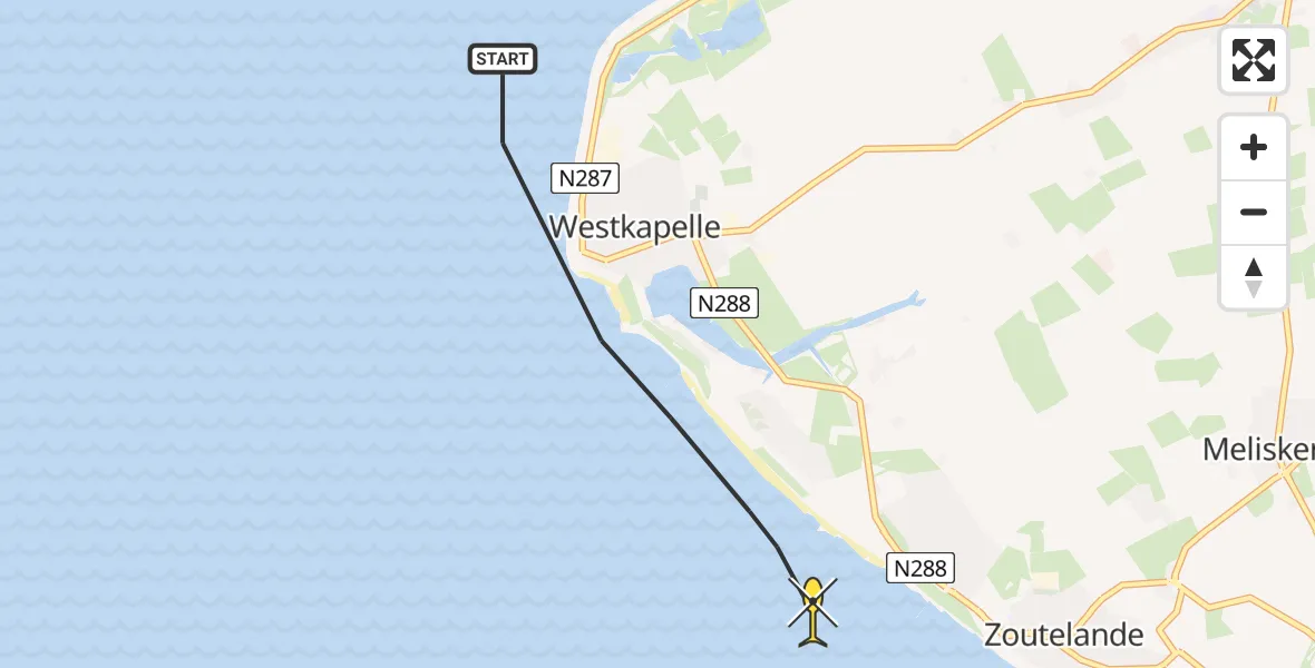 Routekaart van de vlucht: Kustwachthelikopter naar Vlissingen, Zuiderhoofdweg