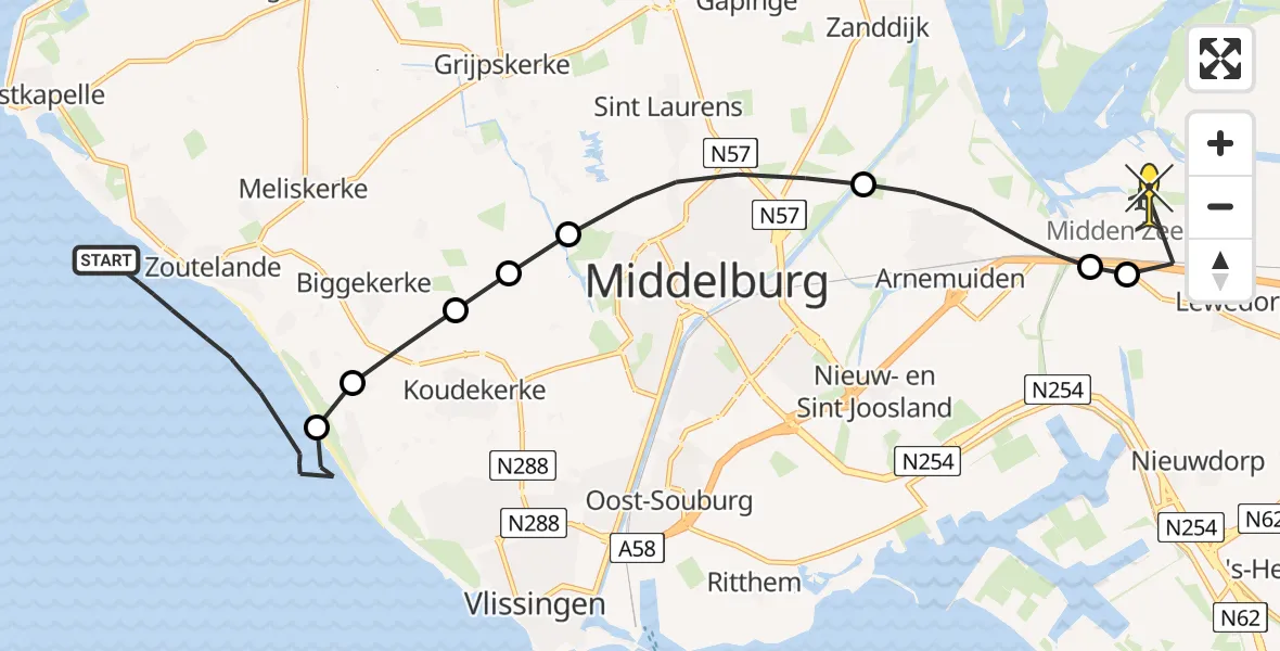 Routekaart van de vlucht: Kustwachthelikopter naar Vliegveld Midden-Zeeland, Strand Zoutelande