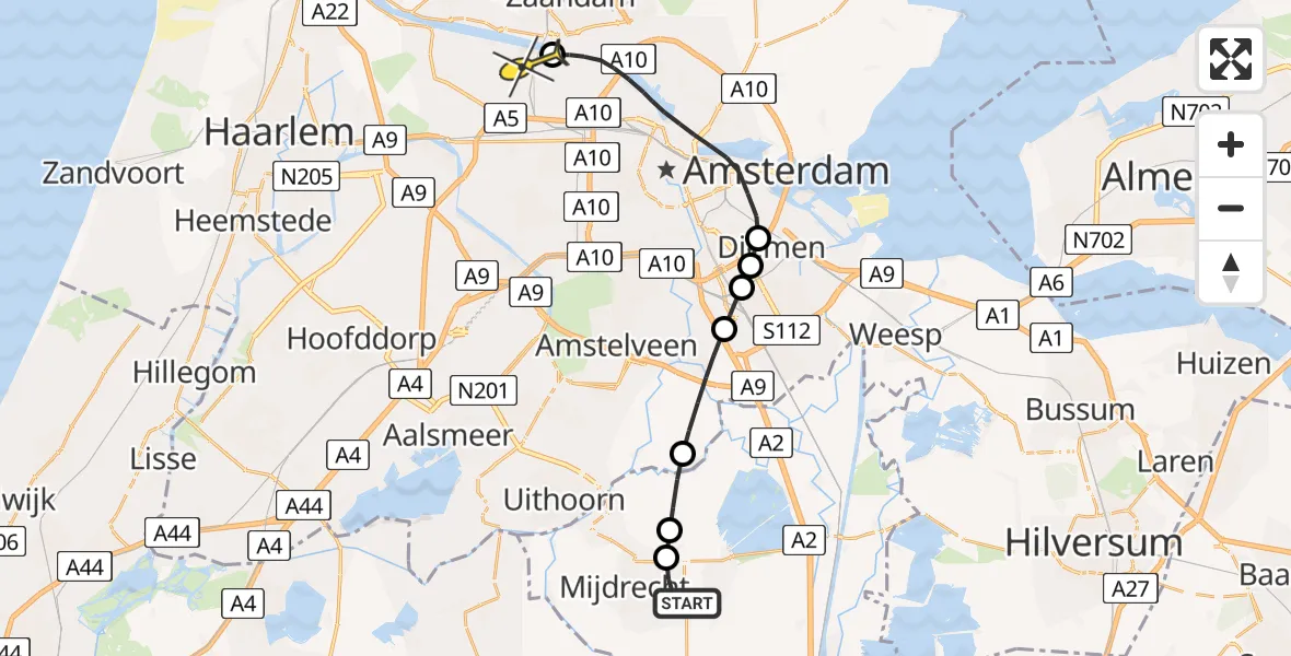 Routekaart van de vlucht: Lifeliner 1 naar Amsterdam Heliport, Mijdrechtse dwarsweg