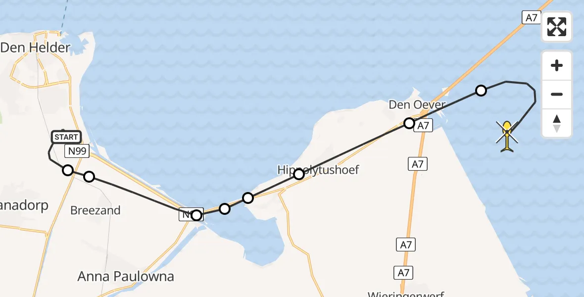Routekaart van de vlucht: Kustwachthelikopter naar Wieringerwerf, Luchthavenweg