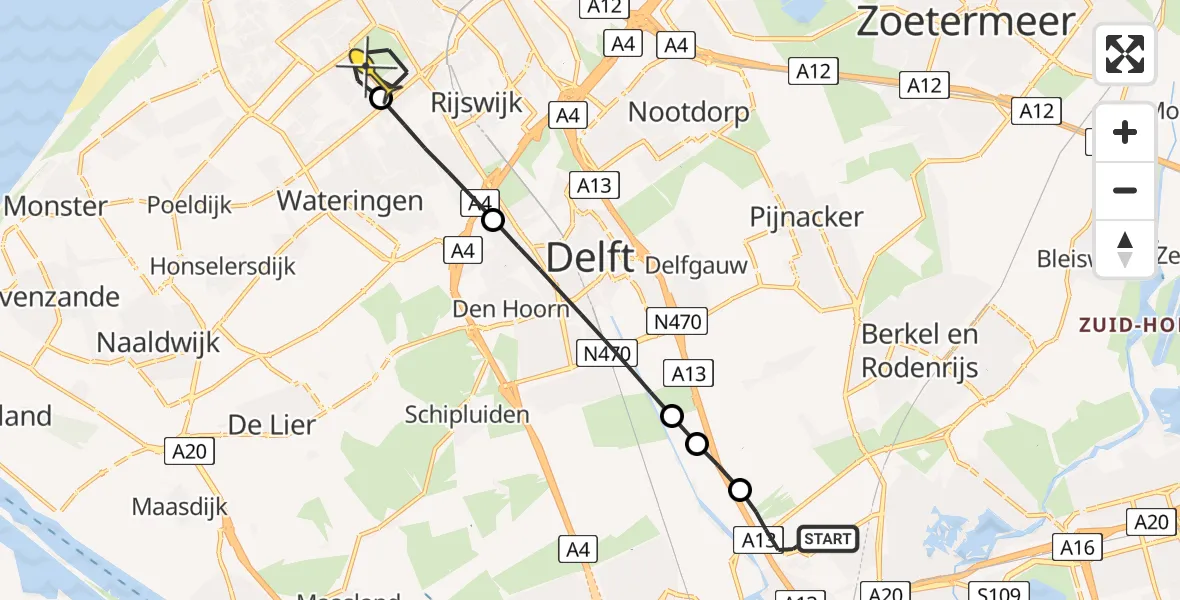 Routekaart van de vlucht: Lifeliner 2 naar Den Haag, Achterdijk