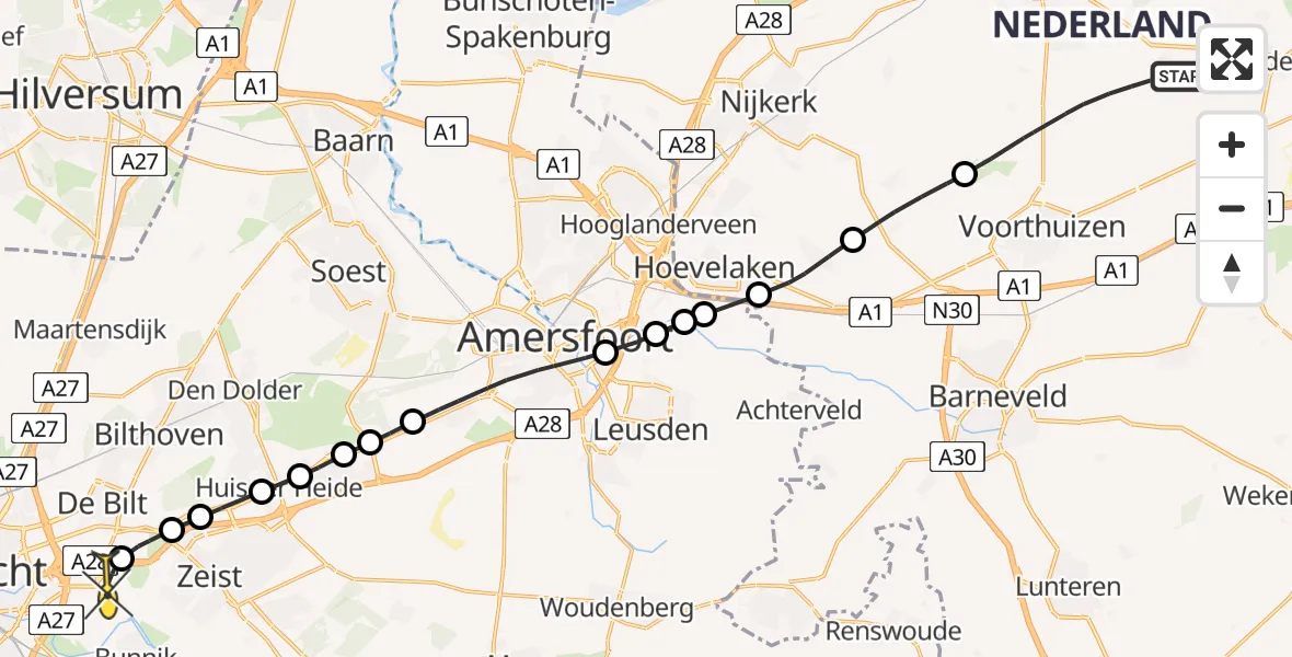 Routekaart van de vlucht: Lifeliner 1 naar Universitair Medisch Centrum Utrecht, Arnhemse Karweg