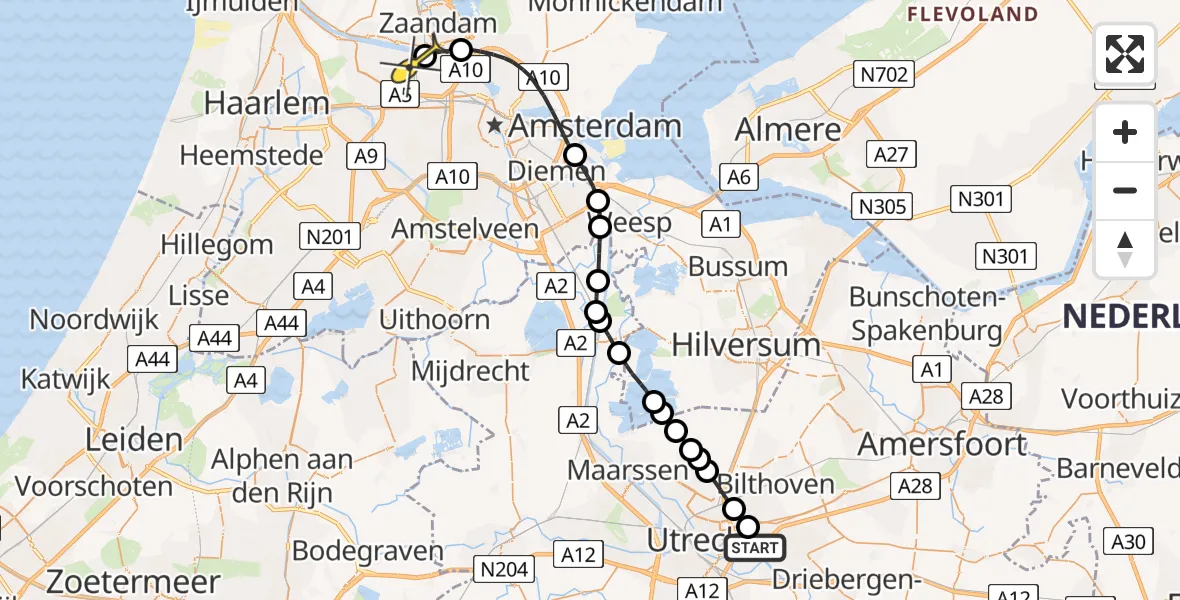 Routekaart van de vlucht: Lifeliner 1 naar Amsterdam Heliport, Bunnikseweg