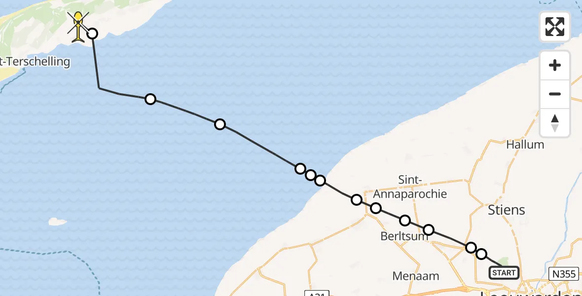 Routekaart van de vlucht: Ambulanceheli naar Midsland, Keegsdijkje
