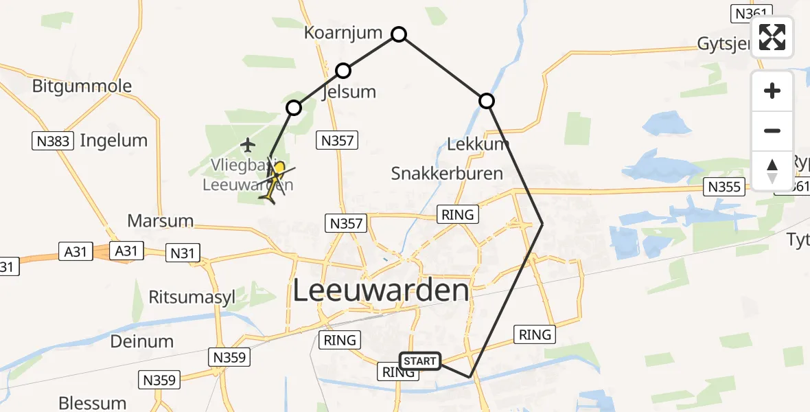 Routekaart van de vlucht: Ambulanceheli naar Vliegbasis Leeuwarden, Mannagras