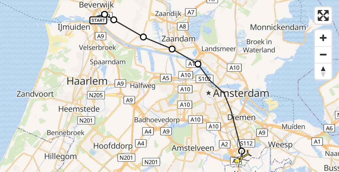 Routekaart van de vlucht: Lifeliner 1 naar Academisch Medisch Centrum (AMC), Flevoland
