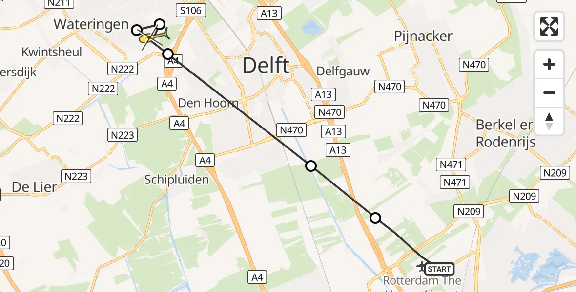 Routekaart van de vlucht: Lifeliner 2 naar Den Haag, Waterbiespad