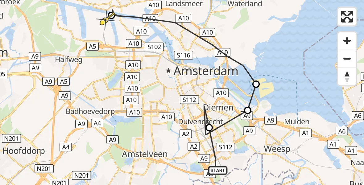 Routekaart van de vlucht: Lifeliner 1 naar Amsterdam Heliport, Meibergdreef