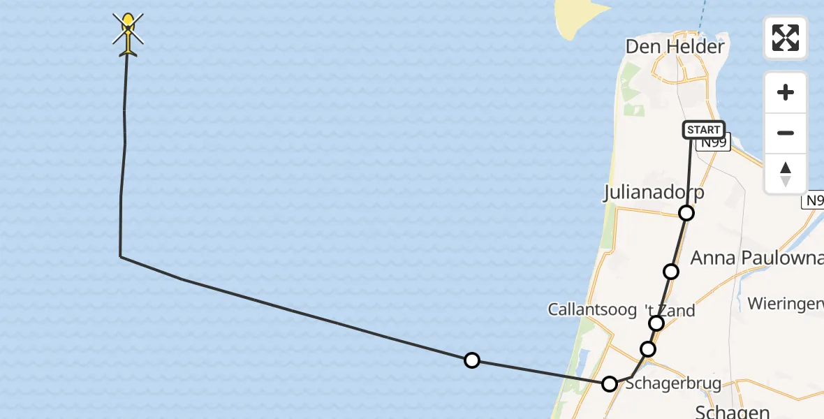 Routekaart van de vlucht: Kustwachthelikopter naar Kortevliet