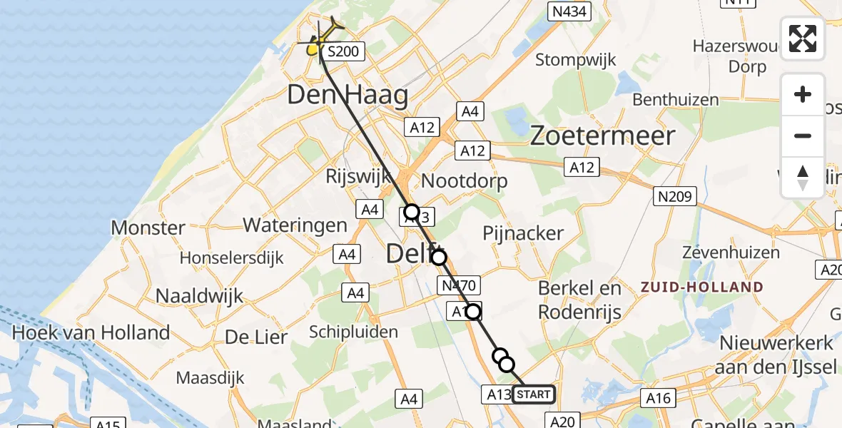 Routekaart van de vlucht: Lifeliner 2 naar Den Haag, Schieveense polder