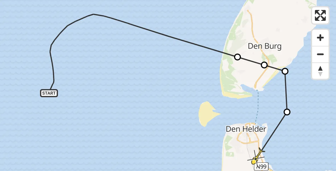 Routekaart van de vlucht: Kustwachthelikopter naar Vliegveld De Kooy, Doggersvaart