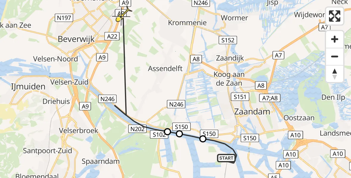 Routekaart van de vlucht: Lifeliner 1 naar Heemskerk, Elbaweg