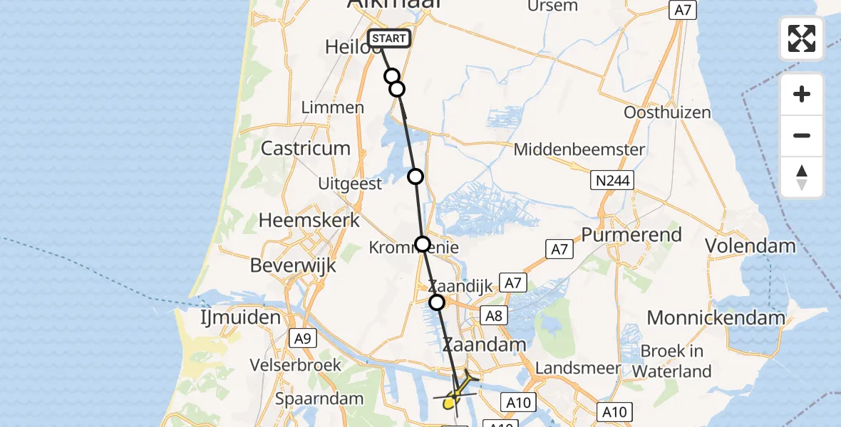 Routekaart van de vlucht: Lifeliner 1 naar Amsterdam Heliport, Korenwolf