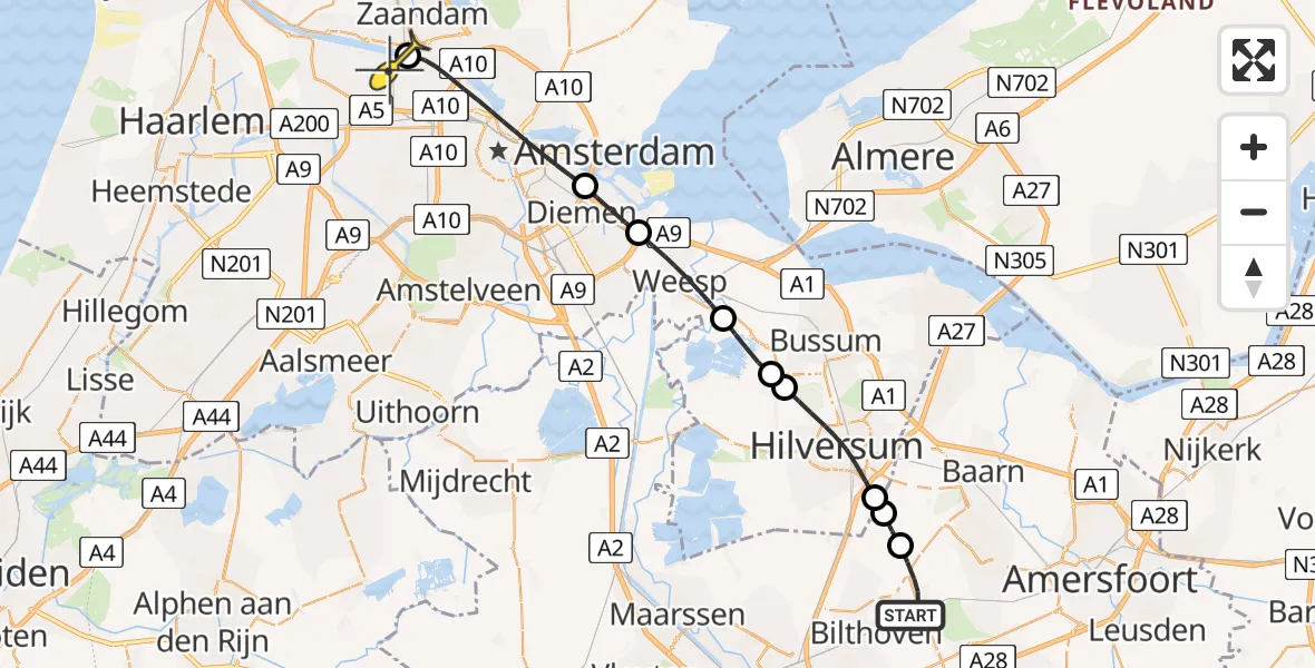 Routekaart van de vlucht: Lifeliner 1 naar Amsterdam Heliport, Dolderseweg Berkenlaantje