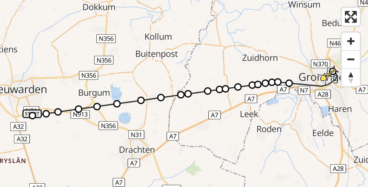 Routekaart van de vlucht: Lifeliner 4 naar Universitair Medisch Centrum Groningen, Hempensermeerpolder