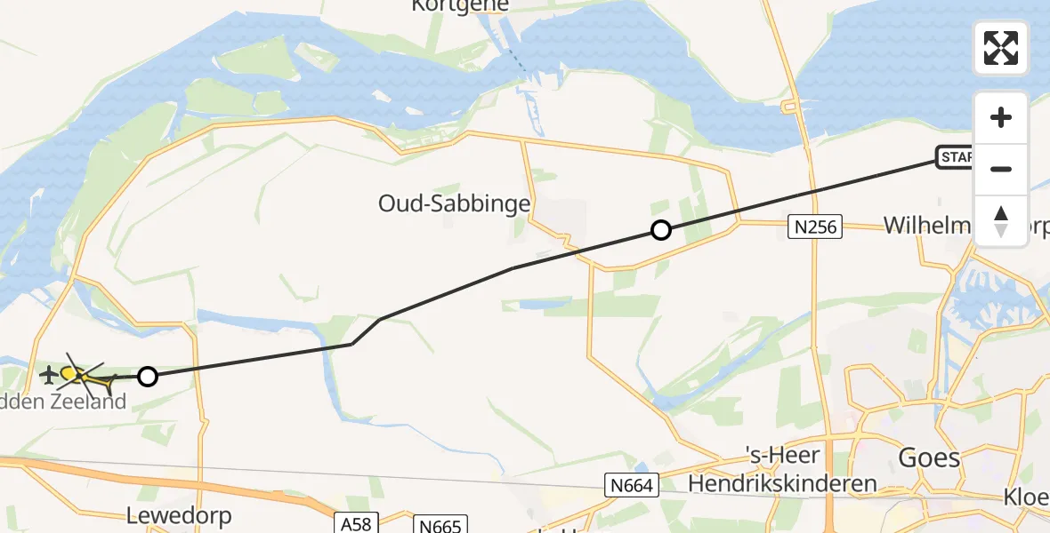 Routekaart van de vlucht: Politieheli naar Vliegveld Midden-Zeeland, Oude Veerweg