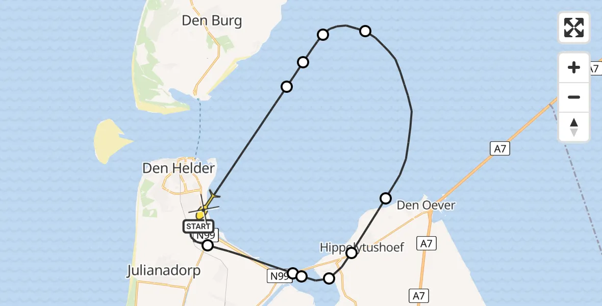 Routekaart van de vlucht: Kustwachthelikopter naar Vliegveld De Kooy, Middenvliet