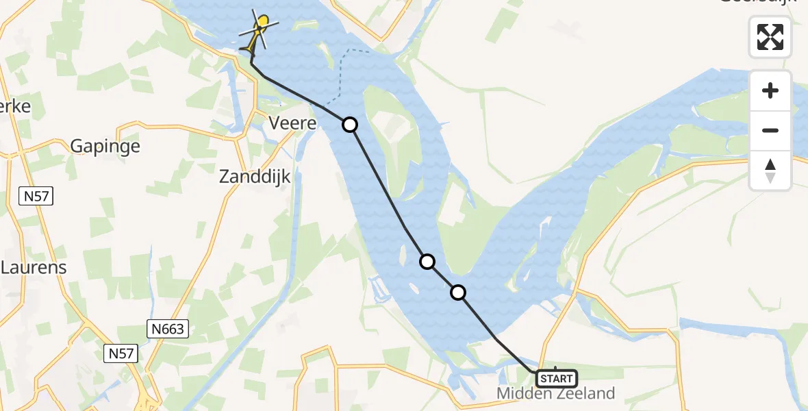 Routekaart van de vlucht: Politiehelikopter naar Veere, Lamsoor