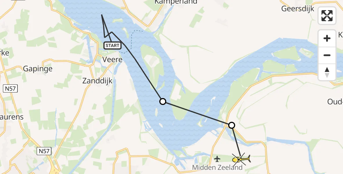 Routekaart van de vlucht: Politieheli naar Vliegveld Midden-Zeeland, Aardbeieneiland