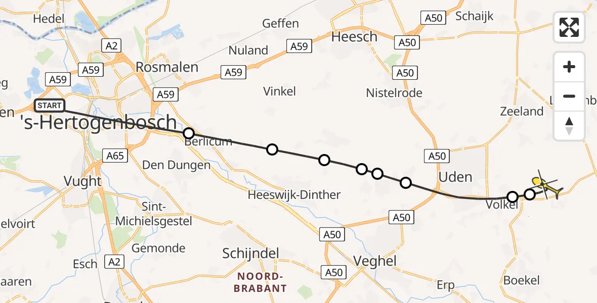 Routekaart van de vlucht: Lifeliner 3 naar Vliegbasis Volkel, De Eendenkooi
