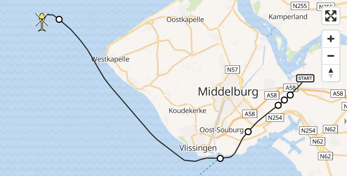 Routekaart van de vlucht: Kustwachthelikopter naar Rijksweg