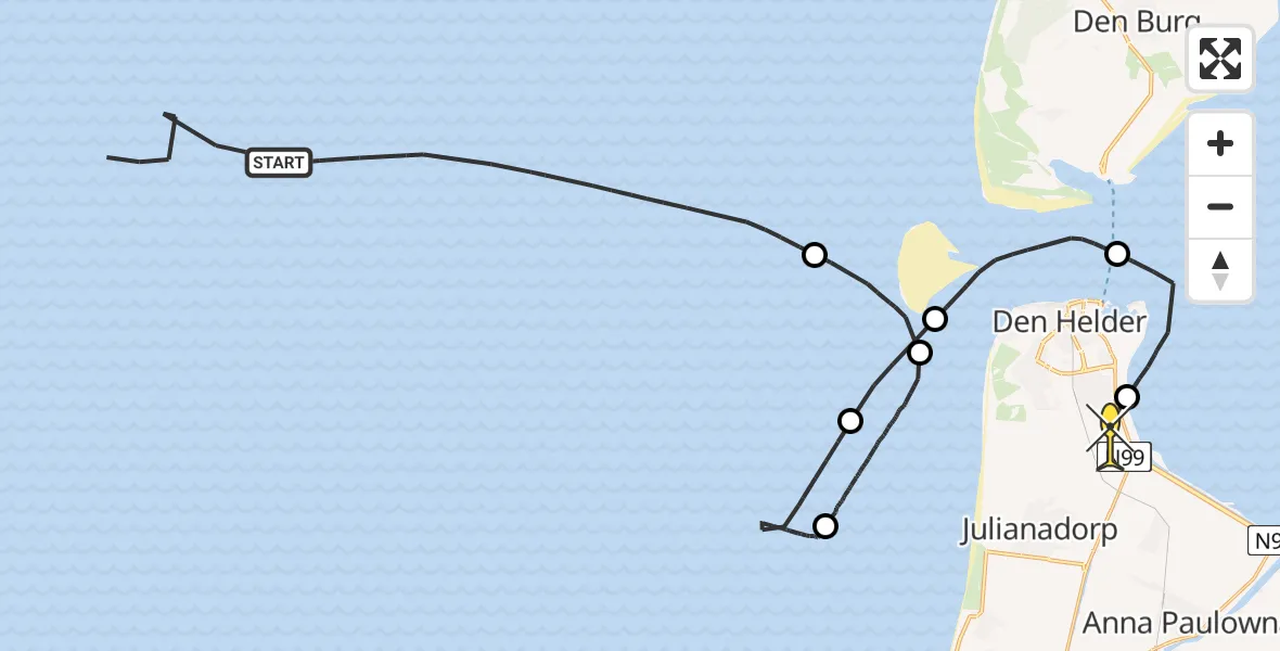 Routekaart van de vlucht: Kustwachthelikopter naar Vliegveld De Kooy, Schulpengat