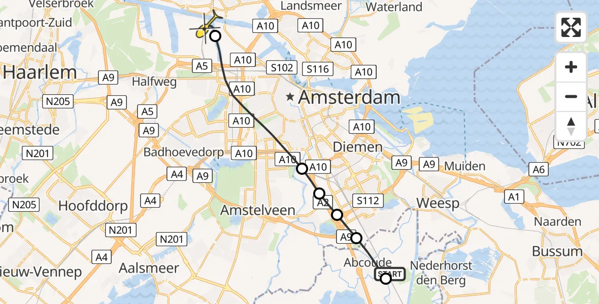 Routekaart van de vlucht: Lifeliner 1 naar Amsterdam Heliport, Lange Coupure