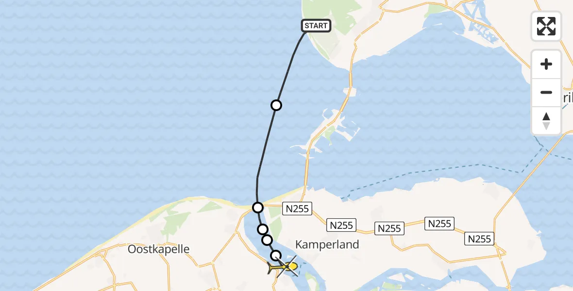 Routekaart van de vlucht: Kustwachthelikopter naar Veere, Kattepolder