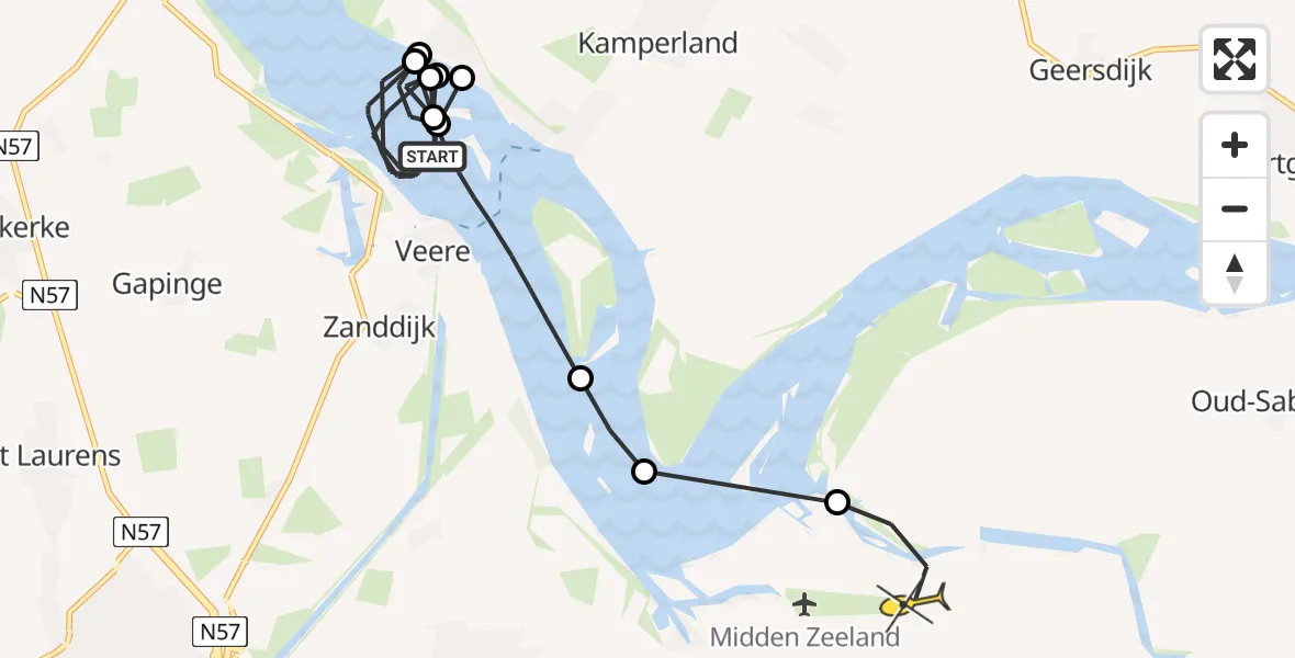Routekaart van de vlucht: Kustwachthelikopter naar Vliegveld Midden-Zeeland, Schutteplaat