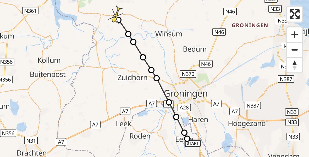 Routekaart van de vlucht: Lifeliner 4 naar Ulrum, Groote Veen