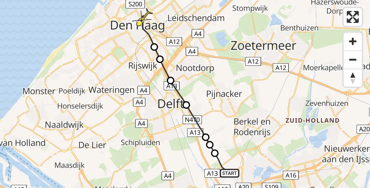 Routekaart van de vlucht: Lifeliner 2 naar Den Haag, Schieveense polder