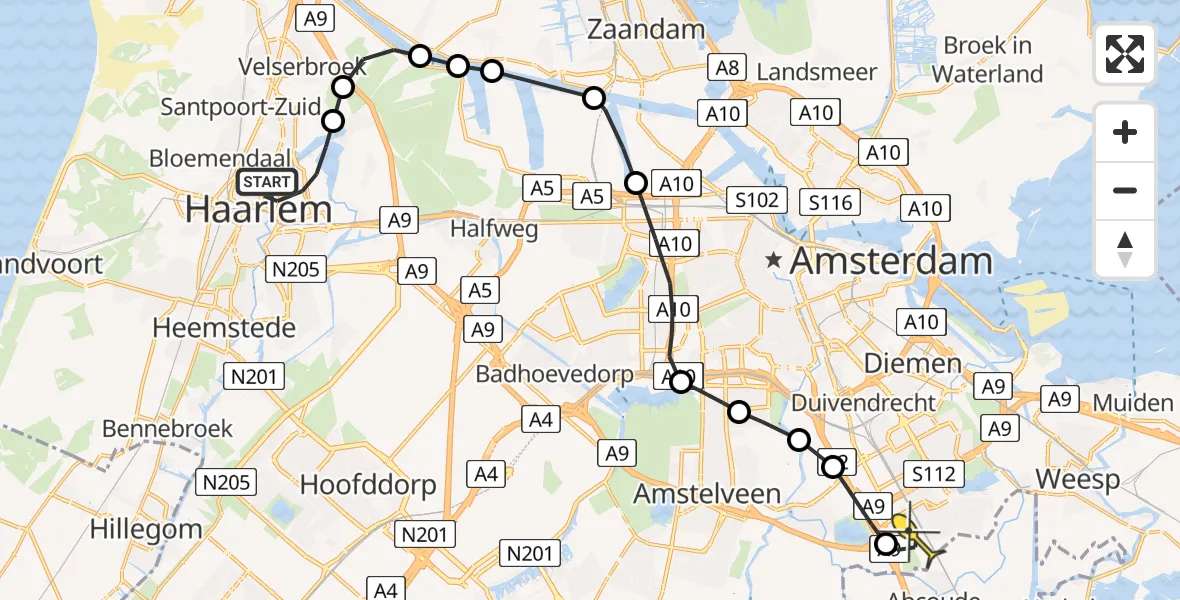 Routekaart van de vlucht: Lifeliner 1 naar Academisch Medisch Centrum (AMC), Werfstraat