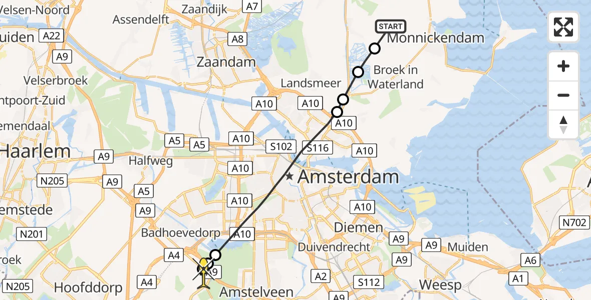 Routekaart van de vlucht: Politiehelikopter naar Schiphol, Nieuwe Vaart