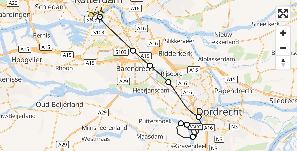 Routekaart van de vlucht: Lifeliner 2 naar Erasmus MC, Mallegat-Zuid