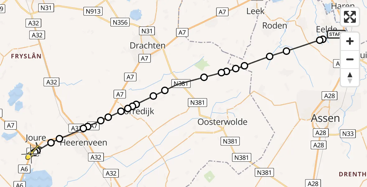 Routekaart van de vlucht: Lifeliner 4 naar Scharsterbrug, Veldkampweg