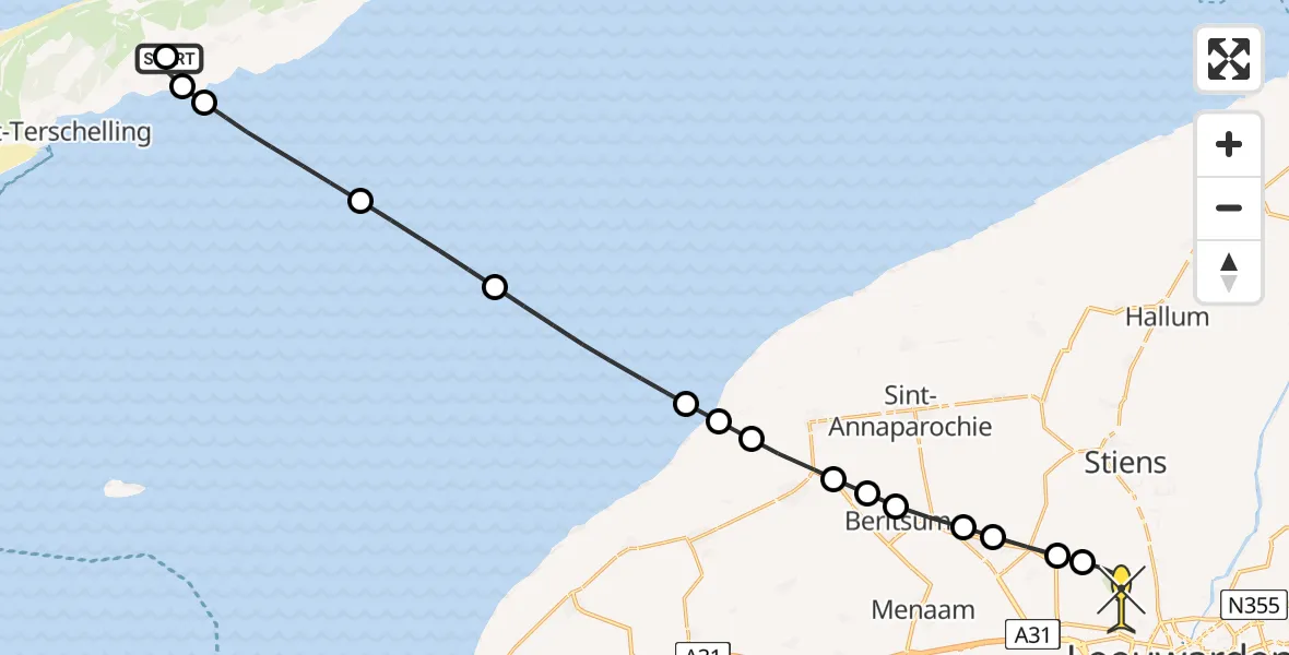 Routekaart van de vlucht: Ambulanceheli naar Vliegbasis Leeuwarden, Ponswiel