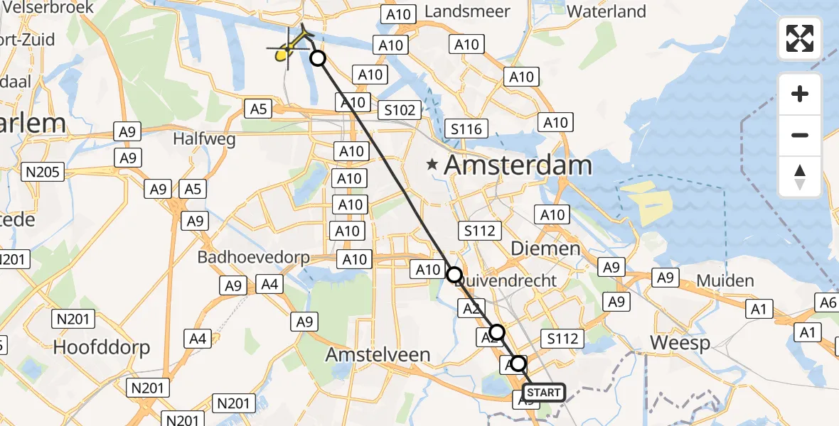 Routekaart van de vlucht: Lifeliner 1 naar Amsterdam Heliport, Gaasperdammerweg