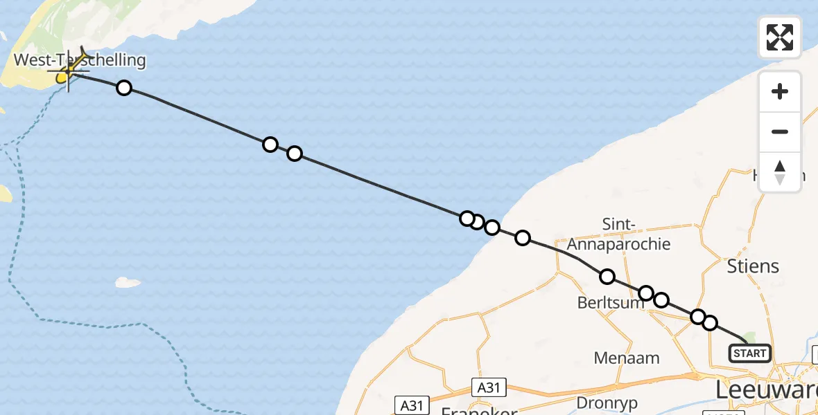 Routekaart van de vlucht: Ambulancehelikopter naar West-Terschelling, Keegsdijkje