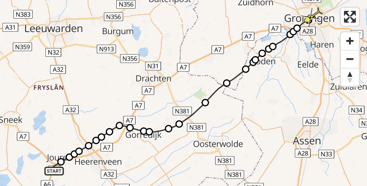 Routekaart van de vlucht: Lifeliner 4 naar Universitair Medisch Centrum Groningen, Haulstersingel