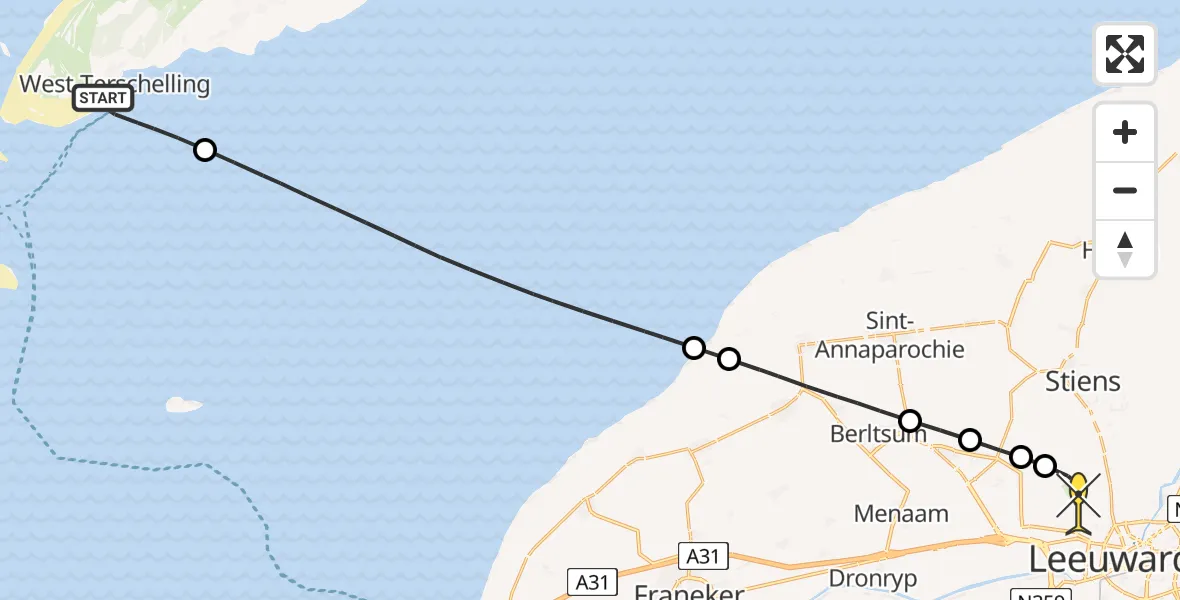 Routekaart van de vlucht: Ambulanceheli naar Vliegbasis Leeuwarden, De Kom