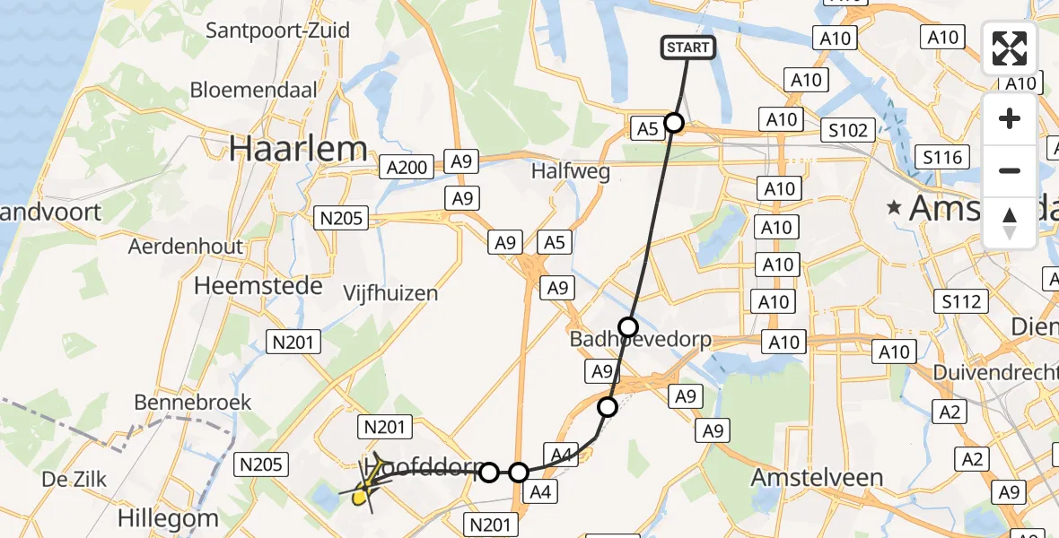 Routekaart van de vlucht: Lifeliner 1 naar Hoofddorp, Nieuw-Zeelandweg