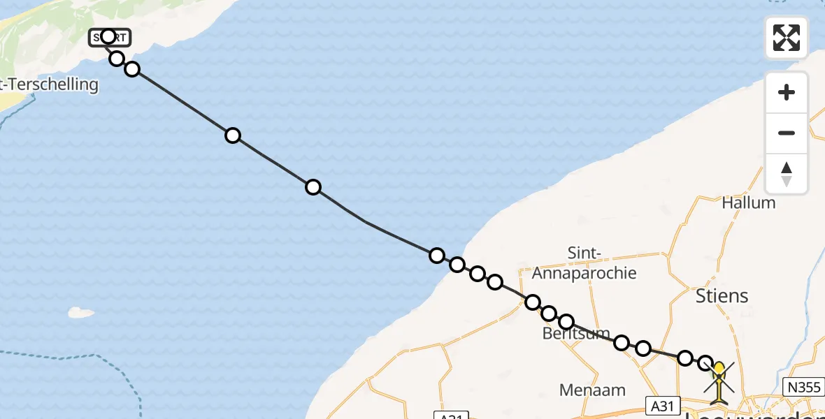 Routekaart van de vlucht: Ambulancehelikopter naar Vliegbasis Leeuwarden, Kallandspad