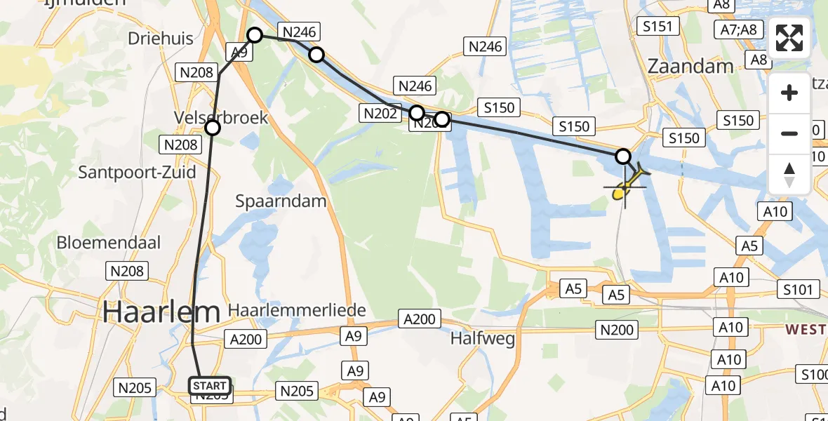 Routekaart van de vlucht: Lifeliner 1 naar Amsterdam Heliport, Amsterdamsevaart