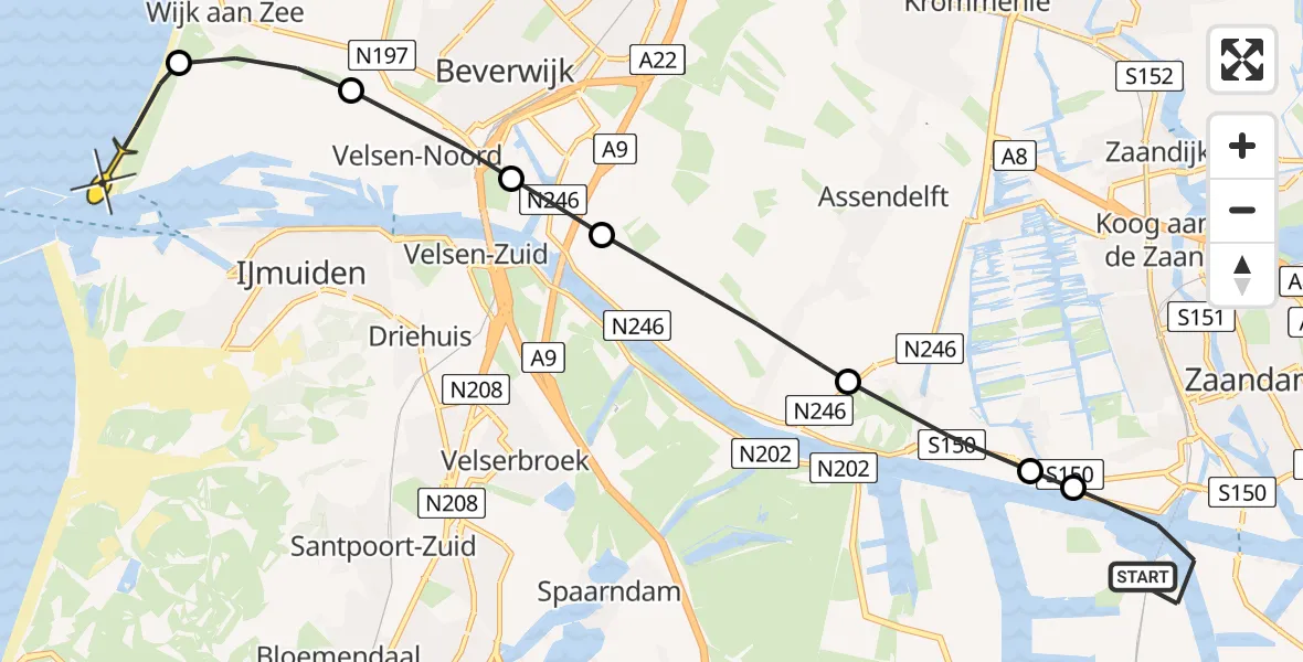 Routekaart van de vlucht: Lifeliner 1 naar Velsen-Noord, Westhavenweg