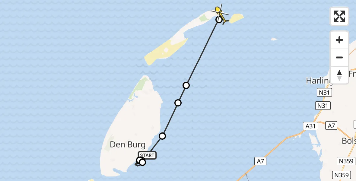 Routekaart van de vlucht: Kustwachthelikopter naar Vlieland Heliport, Vaarwater naar Oudeschild
