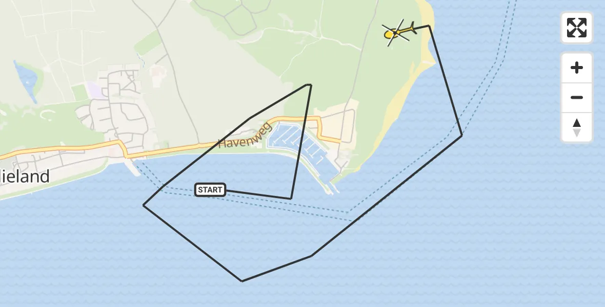 Routekaart van de vlucht: Kustwachthelikopter naar Vlieland Heliport, Havenweg