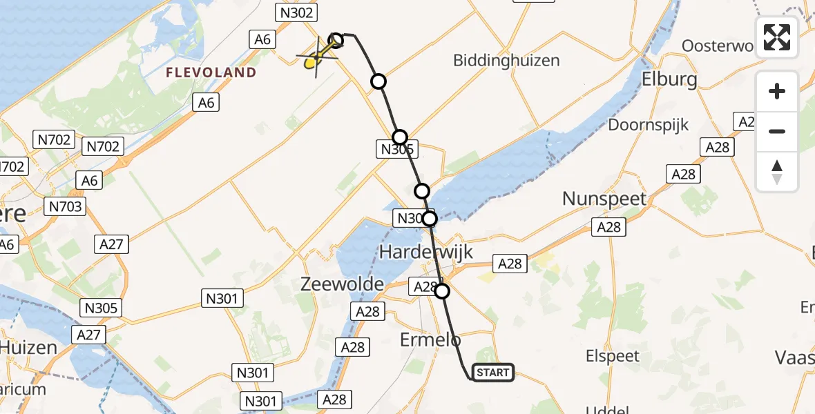 Routekaart van de vlucht: Traumahelikopter naar Lelystad Airport, Drieërweg