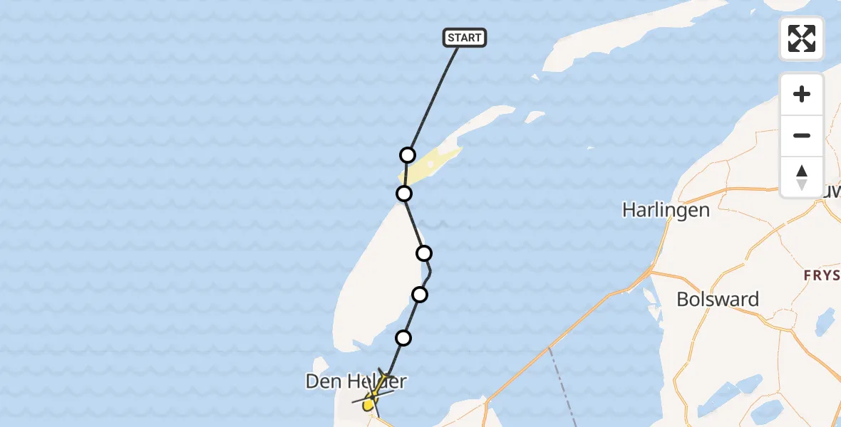 Routekaart van de vlucht: Kustwachthelikopter naar Den Helder, Oostoeverweg