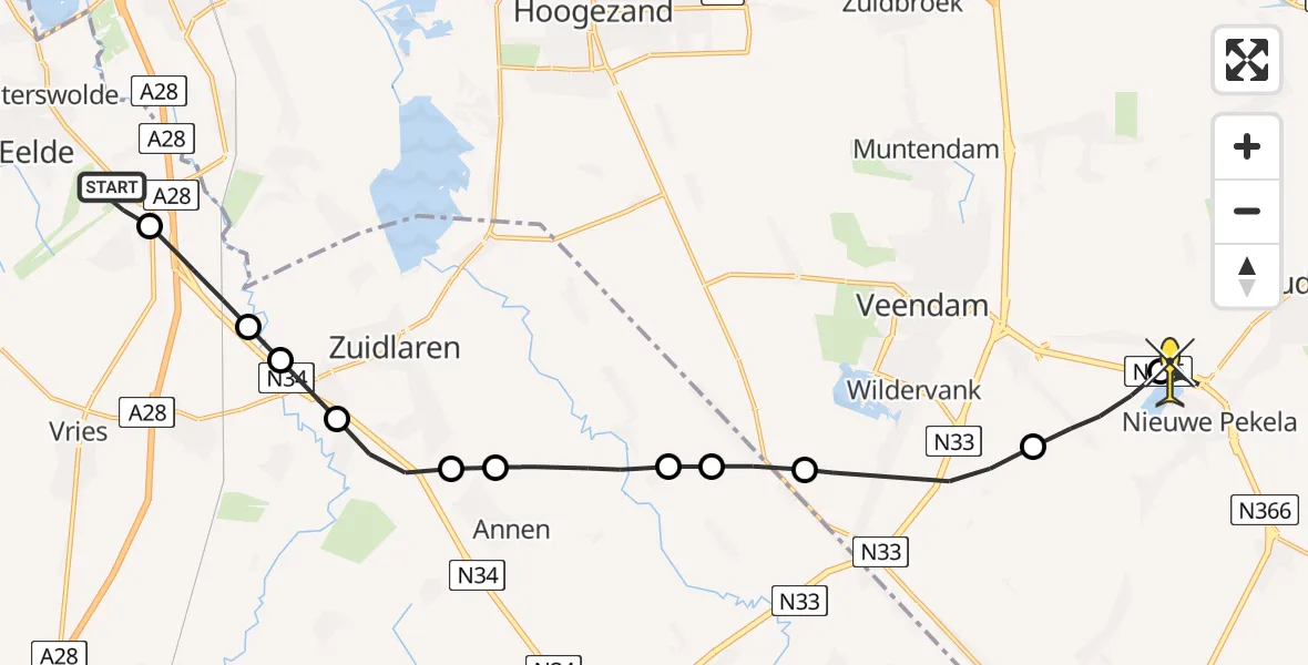 Routekaart van de vlucht: Lifeliner 4 naar Nieuwe Pekela, Groningerstraat